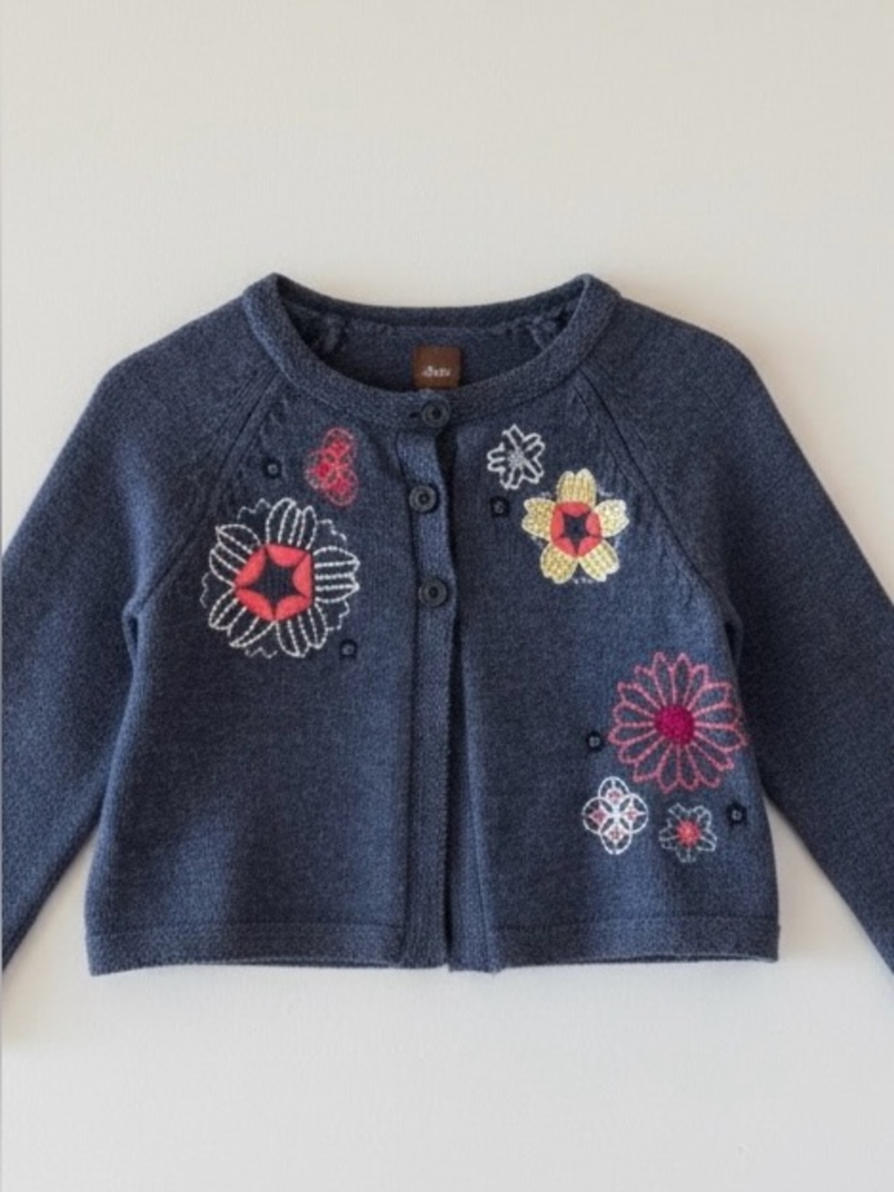 Tea Collection Navy Blue Floral Embroidered Cotton Cardigan Sweater Girls 2-3 XS